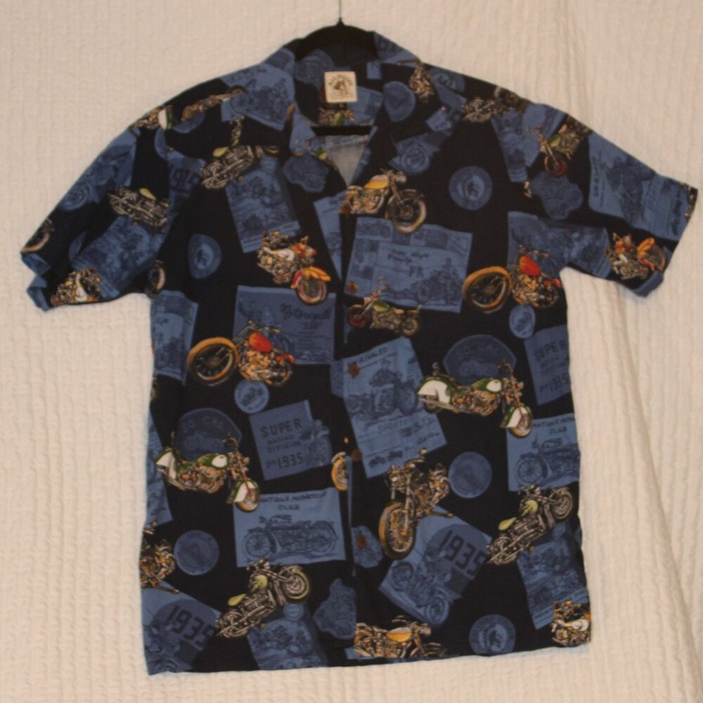 Max Boxxer Motorcycle Theme Button Up Camp Shirt Short Sleeve VTG Mens Size L